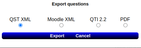 View of the 4 question export options: QST XML, Moodle XML, QTI 2.2 and PDF which can be exported